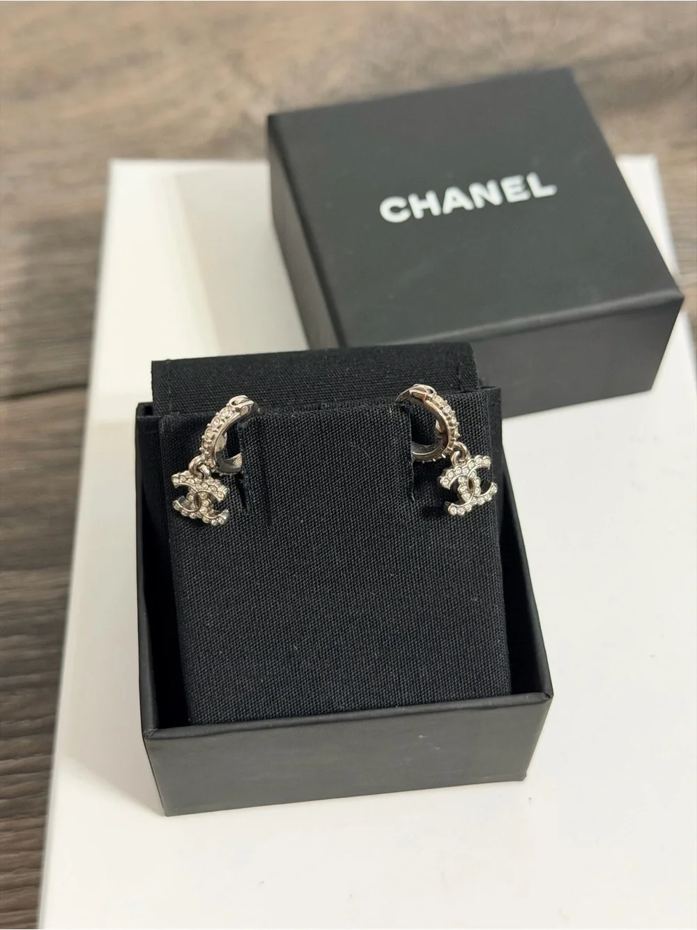 CHANEL Silver Crystal CC Dangle Earrings